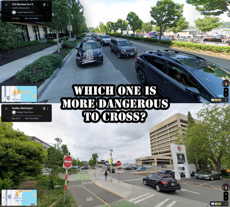Comparing two nearby images from google Street View. One shows a four-lane roadway full of traffic with no crosswalks, and the other shows a two-way bike lane with raised crosswalks. Text: Which one is more dangerous to cross?